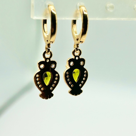 Gold and Green Owl Drop Earrings with Gemstone Halo-New! - Picture 4 of 4